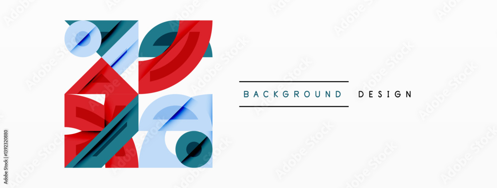 Poster abstract geometric shapes overlap. blue, red, teal colors create dynamic composition. minimalist des