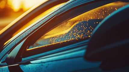 Close-up of a car window with raindrops reflecting a vibrant sunset in the background