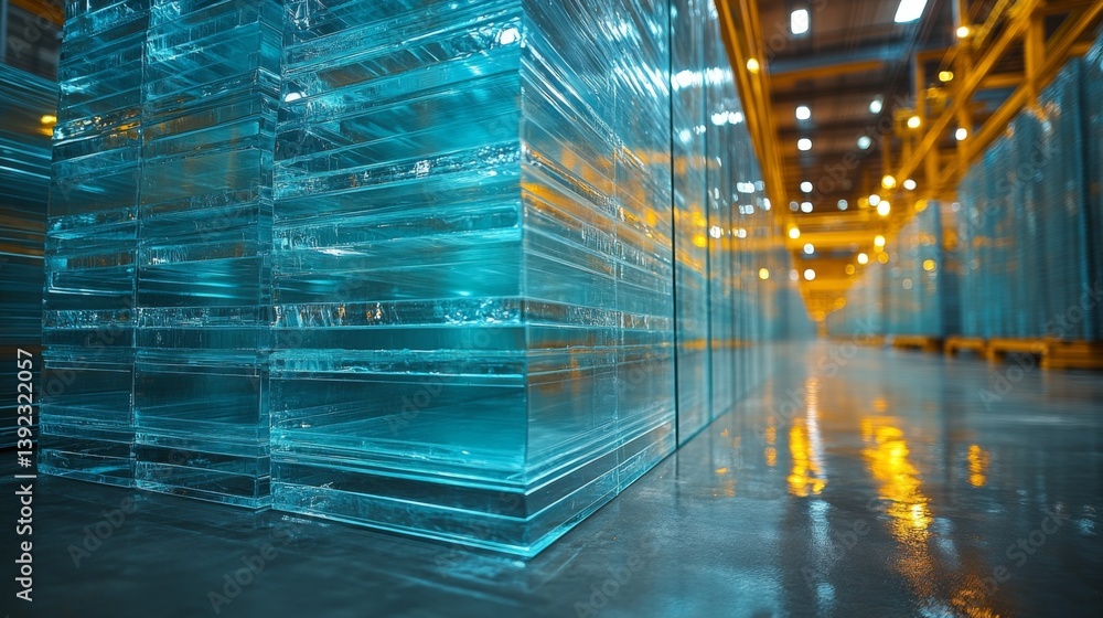 Aufkleber stacks of polished glass panels are arranged for easy access at a cutting edge fabrication facility.