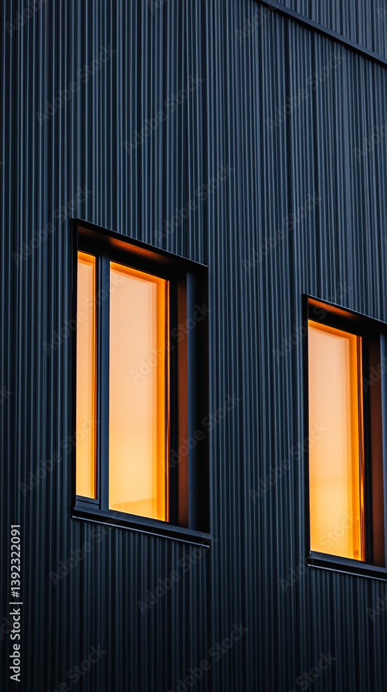 Poster dark corrugated metal wall with two illuminated windows, showcasing architectural detail and warm in
