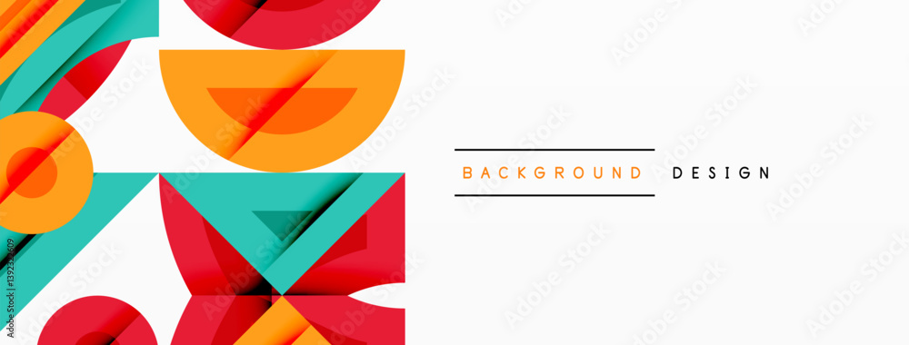 Poster abstract geometric shapes, vibrant colors. red, orange, turquoise create dynamic composition. modern