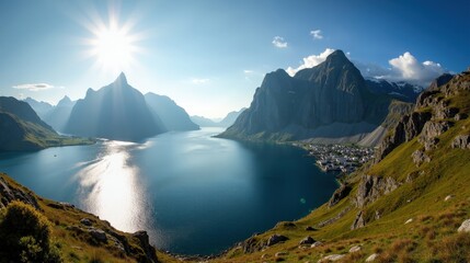 Fototapeta premium Striking photo of Norway landscape at mid-day, sunny weather, shot from a panoramic perspective.