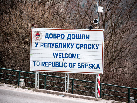 Welcome to Republika Srpska sign in the outskirts of Sarajevo, Bosnia and Herzegovina on a cloudy day
