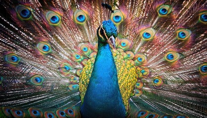 Obraz premium Peacock's Vibrant Display: Witness the mesmerizing beauty of a peacock in full display, its iridescent feathers creating a kaleidoscope of color and pattern.