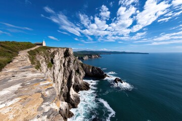 Fototapeta premium A picturesque coastal pathway winds along majestic cliffs, offering stunning ocean views and a sense of adventure, capturing the essence of natural beauty and exploration.