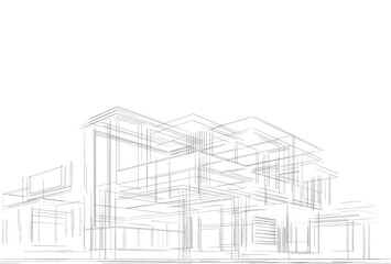 Futuristic Architectural Wireframe. Abstract Modern Building Design in Digital Sketch Style