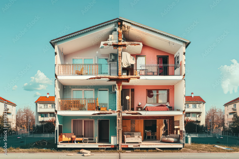 Poster house with two floors and a large open space in the middle