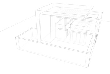 Futuristic Architectural Wireframe. Abstract Modern Building Design in Digital Sketch Style