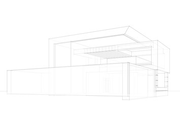 Futuristic Architectural Wireframe. Abstract Modern Building Design in Digital Sketch Style