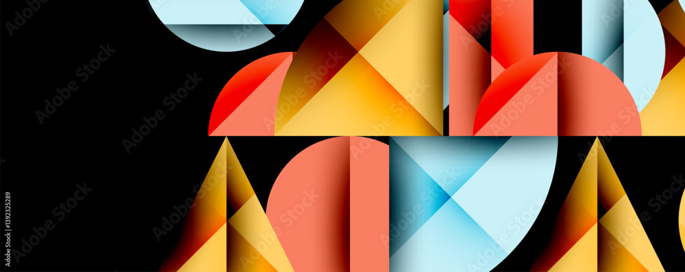 Poster abstract geometric composition. shapes include triangles, semicircles, squares. colors are orange, r