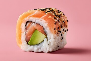 Sushi roll with salmon, avocado and sesame seeds, close-up of Japanese food on pink background, fresh sushi maki with rice, seaweed and raw fish