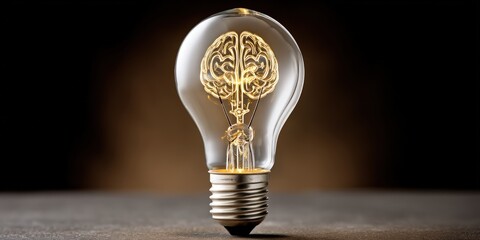 Glowing brain in a lightbulb on a table, symbolizing ideas and innovation