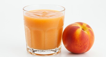 Fresh Peach Smoothie in Glass with Ripe Peach on White Background