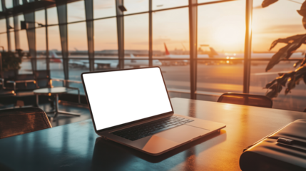 Laptop mockup with white screen, blank template. Slim laptop placed on table in airport lounge, airplanes in background	