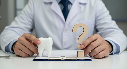 Dentist Holding Tooth Model and Question Mark: Dental Consultation Concept AI Generated
