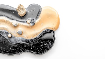Obraz premium Swirls of tan and black glossy texture, accented with flecks of silver and gold on a stark white background