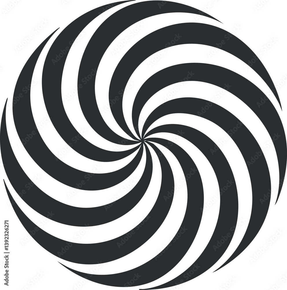 Poster black and white spiral optical illusion pattern creating a hypnotic visual effect.