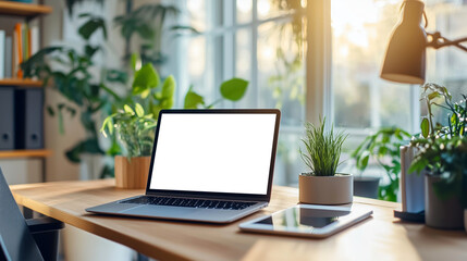 Front view to laptop placed on table. Laptop mockup with empty transparent png screen, blank template. Cozy home interior background