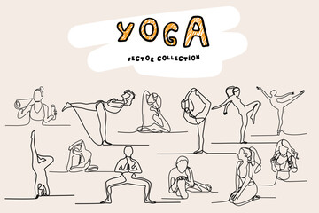 Hand-drawn yoga sketch collection featuring poses like Downward Dog, Warrior II, Tree Pose, Cobra, Lotus, Plank, Triangle, and Child’s Pose.