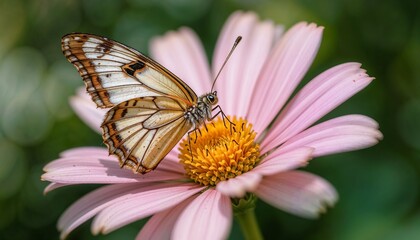Butterfly perched on a pink flower against a sunny backdrop.