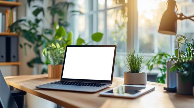 Front view to laptop placed on table. Laptop mockup with empty transparent png screen, blank template. Cozy home interior background