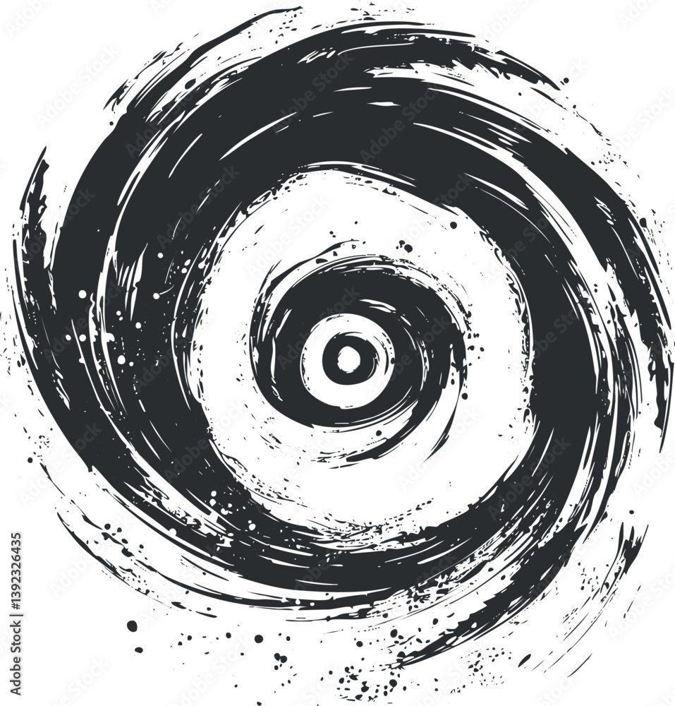 Poster abstract black and white swirl design with bold brushstrokes and dynamic circular patterns.