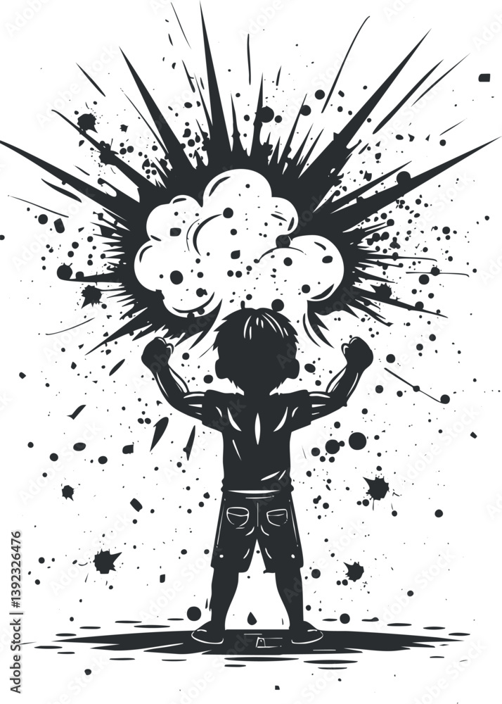 Poster silhouette of a child with an abstract explosion background in black and white art style.