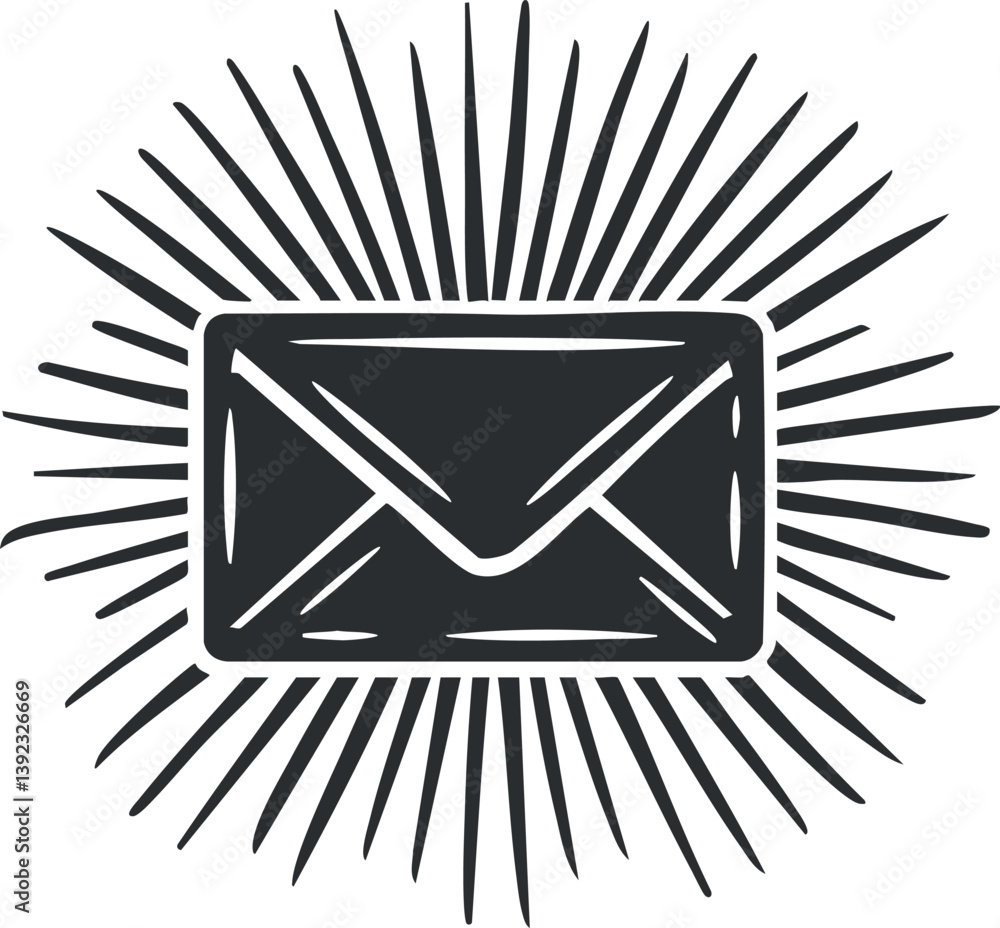 Poster stylized envelope icon with sunburst design, representing communication and messaging in graphic for
