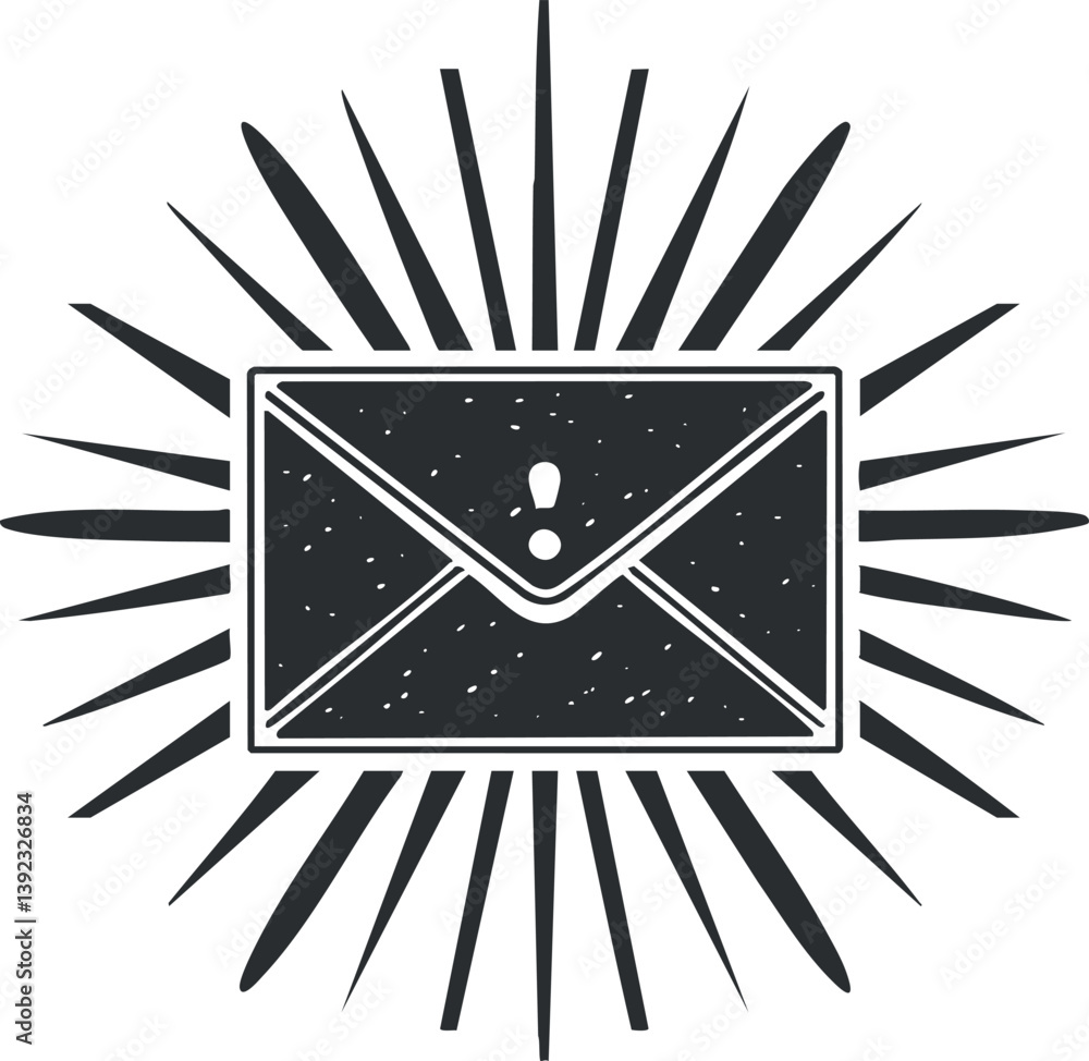 Poster black and white envelope icon with exclamation mark and sunburst rays for alert notifications.