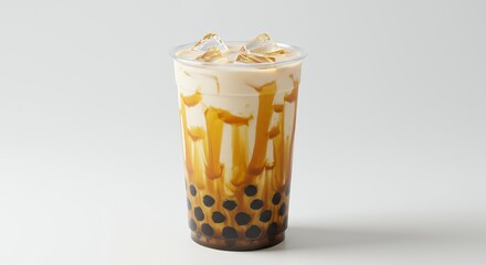 Iced Bubble Tea Drink with Caramel Drizzle on a White Background