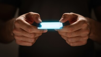 Payment power growth concept. Hands holding a glowing smartphone in a dark setting.