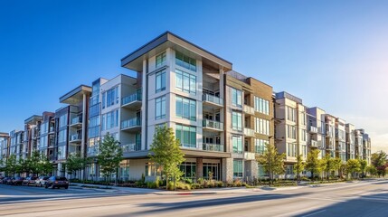 Chic urban apartment complex featuring clear glass railings and clean architectural lines beneath a bright blue sky.