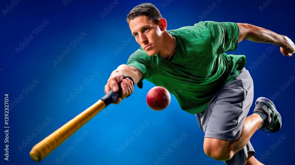 Poster athlete diving to catch a baseball with a bat in a dynamic action pose