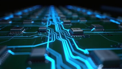 Payment power growth concept. Futuristic circuit board with glowing pathways and microchips.