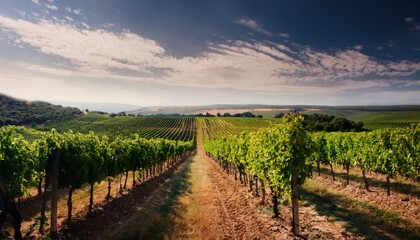 Fototapeta premium Vineyard Panorama: Rolling rows of lush grapevines stretch towards the horizon under a vibrant sky, showcasing a classic viticulture scene.