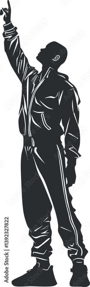 Poster silhouette of a man in a jacket and boots pointing upward in a dynamic pose.