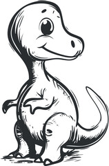 Obraz premium Cute cartoon dinosaur illustration in black and white sketch style, featuring a playful pose.
