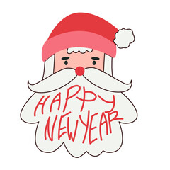Vector illustration of Santa Claus head with Happy New Year text creatively written on his white beard