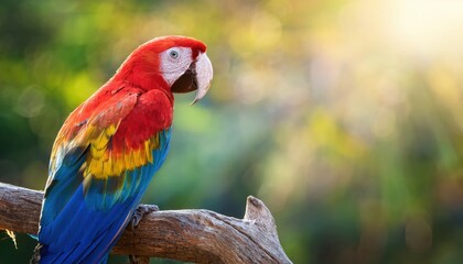 Fototapeta premium Scarlet macaw: a stunning scarlet macaw, its vibrant red, blue, and yellow plumage set against a soft-focus green backdrop, perched elegantly on a branch.