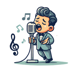 Cartoon Singer Performing With Vintage Microphone Against White Background