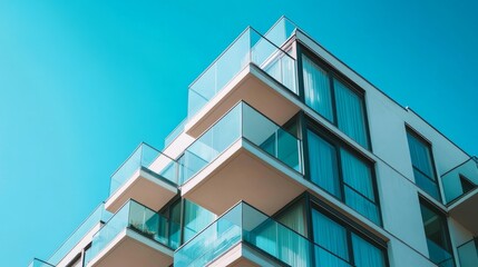 Obraz premium New-age apartment design with clear-glass balconies and sharp exterior styling set against the sky.