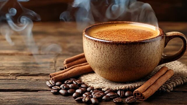 Steaming Cinnamon Coffee with Coffee Beans and Rustic Wooden Table Setting Generative AI