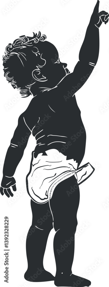 Poster silhouette of a toddler pointing upward, depicting a simple and dynamic vector illustration.