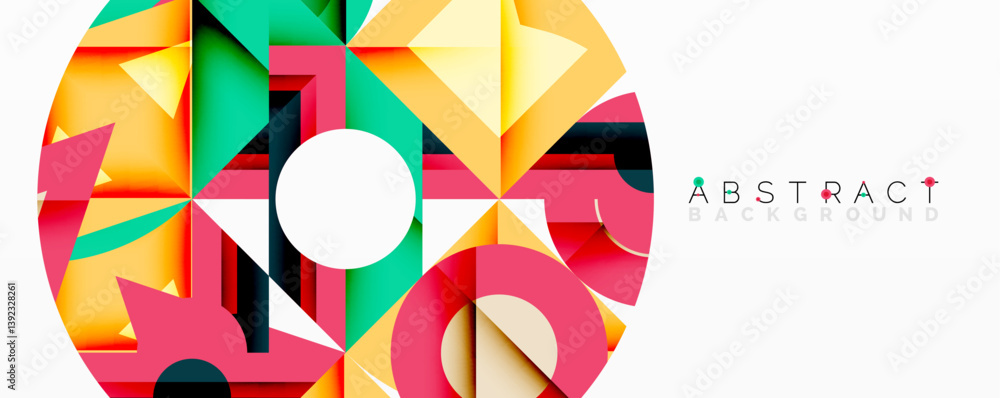 Poster bright geometric shapes form circular design. vivid colors blend, creating modern aesthetic. white s
