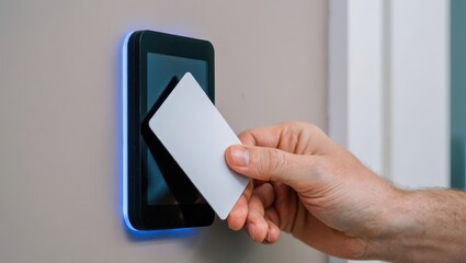 Payment power growth concept. A hand using a card to access a digital security panel on a wall.