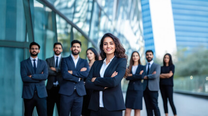 indian business people standing together front of modern building