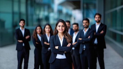 Fototapeta premium indian business people standing together front of modern building