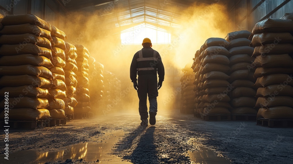 Poster a laborer walks through a cement storage area illuminated by soft light, surrounded by piles of yell