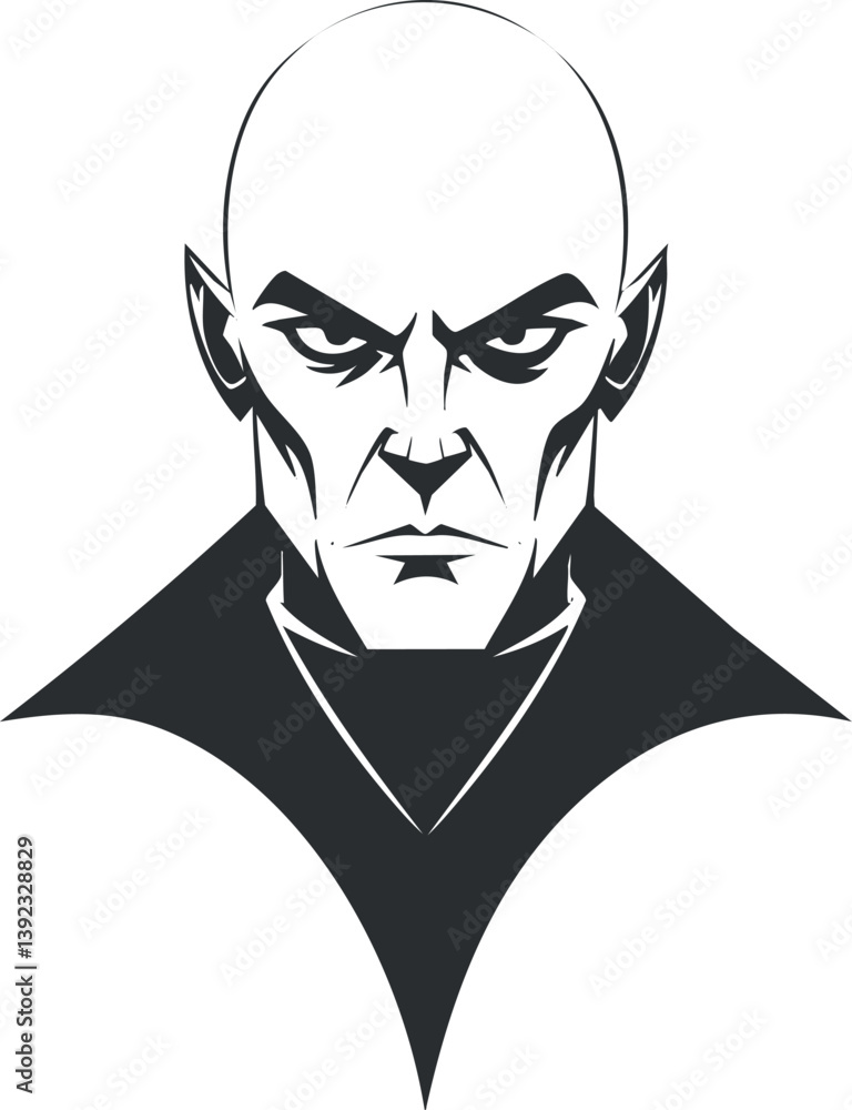 Poster stylized black and white illustration of a vampire character with sharp features and intense express