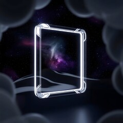 Futuristic light frame floating in space with glowing nebula background